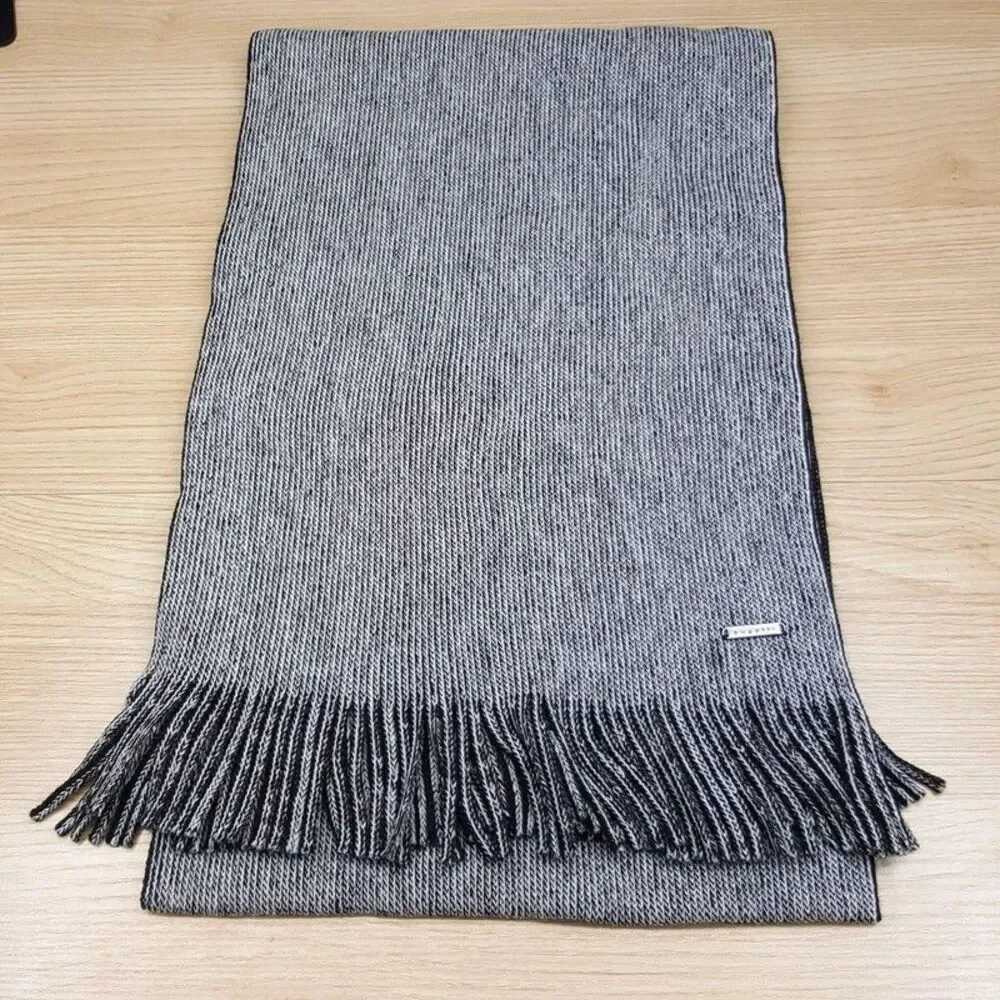 BUGATTI Scarf Mens Black Gray 100% Virgin Wool Knit Fringe 66x10 $98
